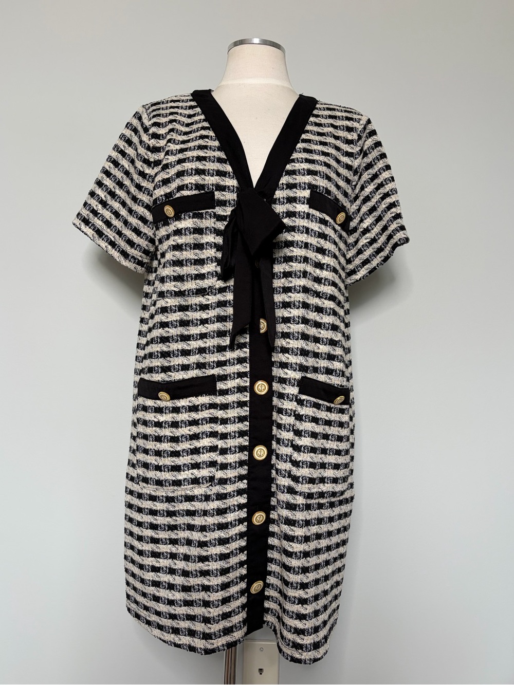 Entro Boutique Black & White Tweed Lady Dress with Black Tie Neck, Medium